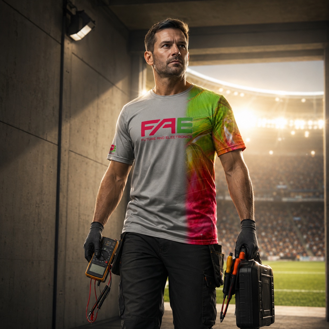 Elektroniker im FAE-Shirt mit Messgerät im Stadion