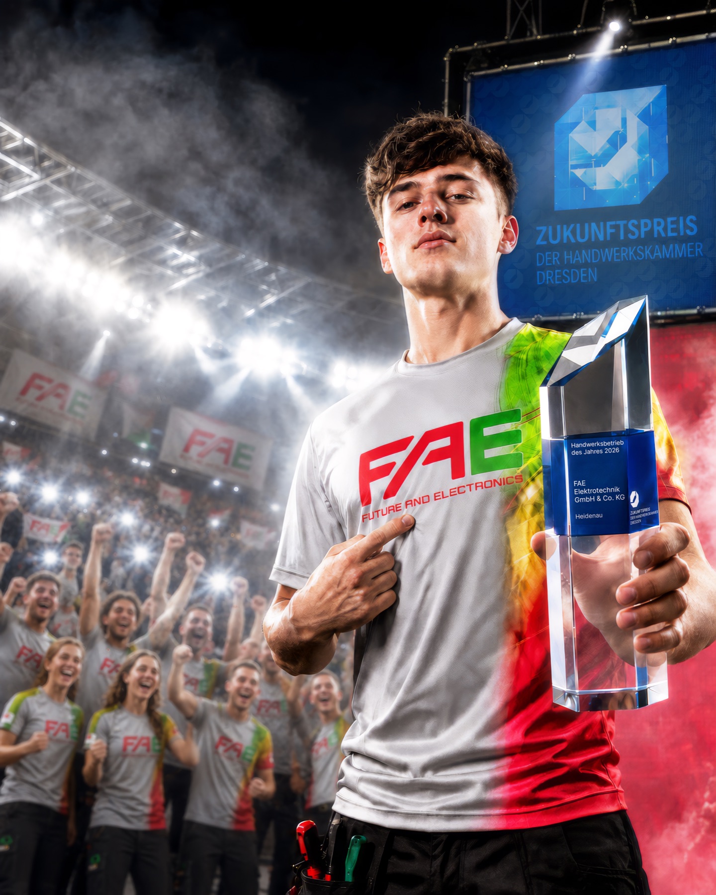 FAE Elektroniker mit Pokal im Stadion