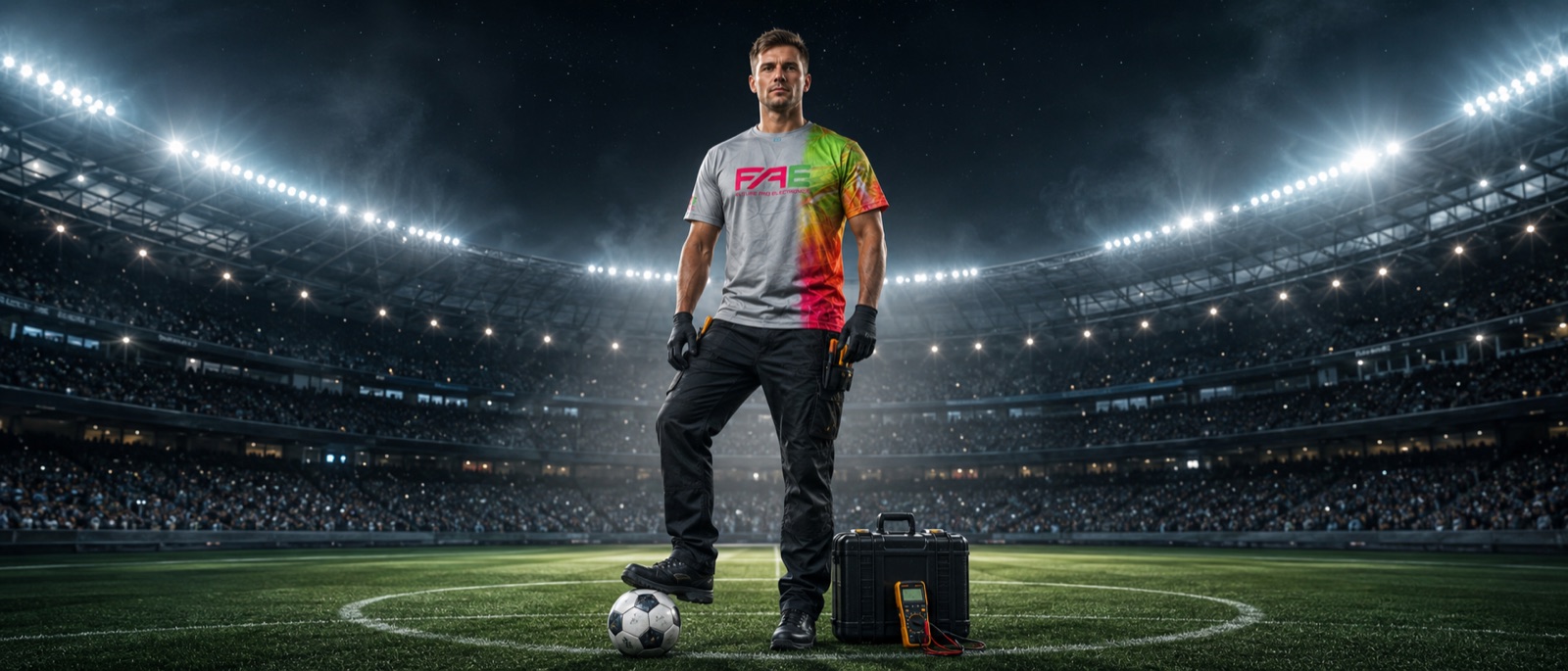 Elektroniker im FAE-Shirt im Stadion mit Fußball, Werkzeugkoffer und Messgerät